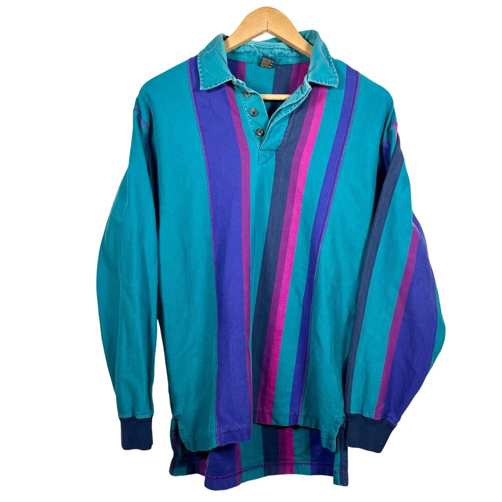 Vintage Retro Turquois Long Sleeve Polo Shirt Medium 18x31